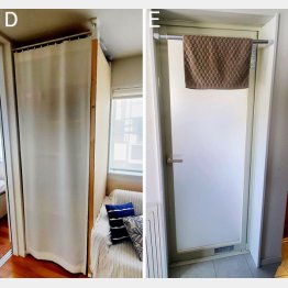 つっぱりポールとカーテンを組み合わせたり（写真D）、風呂場の入口にはバスマットをかけられるように（写真E）／（Ｃ）日刊ゲンダイ