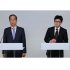 与党国民の力党（PPP）の韓東勲党首（右）と韓悳洙首相が揃って会見（Ｃ）Yonhap News Agency／共同通信イメージズ